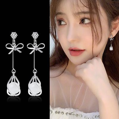925 Silver Needle Opal Earrings Female Temperament Korean Internet Celebrity All-Matching Long Bow Zircon Earrings Face Slimming