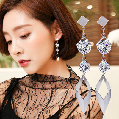 925 Silver Needle Metal Texture Crystal Earrings Long High Profile Korean Eardrops Slim-Looking Face Earrings Graceful Earrings