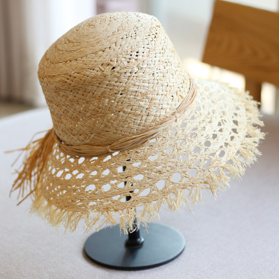 Balsamic Lafite Hollow Broken Edge retro Beach Fisherman Hat Hat Basin Hat Fashion Straw Hat children Summer Sun sunshine