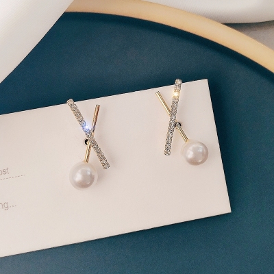 S925 Needle Cross Pearl Korean Female Temperament Web Celebrity Simple Earrings 2020 New style Trendy Earrings