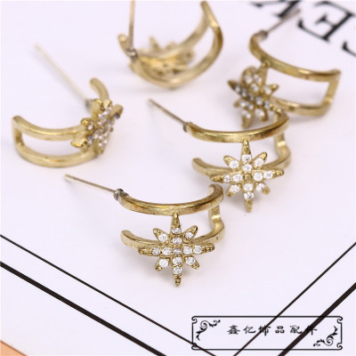 E2349 Eight Awn Star Stud Earrings for Women Fashionable and Versatile Earrings Vintage Temperament Earrings Zircon Copper Parts