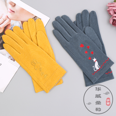 Ladies winter and winter days with velvet thickened warm cat driving Gloves Five fingers can touch the screen