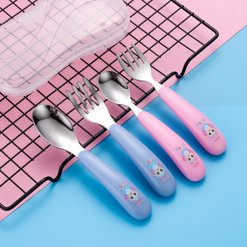04 Children‘s Fork Spoon Food Supplement Stainless Steel Creative Portable Tableware Box Set Chicken Fork Spoon Baby Tableware 