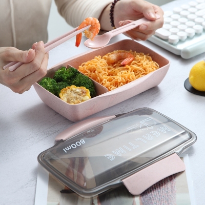 S42-2522 Wheat Straw Bento Students with Spoon Chopsticks Large Capacity Lunch Box Microwave Oven Heating Lunch Box