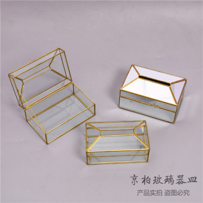 Nordic creative light key-2 luxury glass brass paper towel box Layout of mirrored paper box table top in living room model room