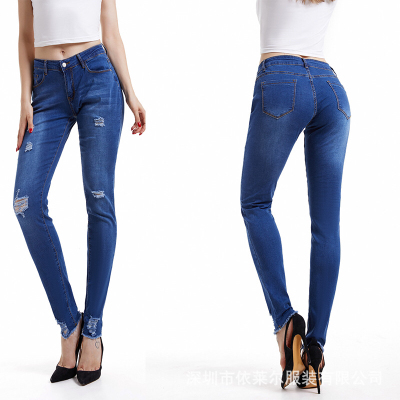 Fur - trimmed jeans female European and American foreign trade high quality slimming jeans female with holes in the feet in summer
