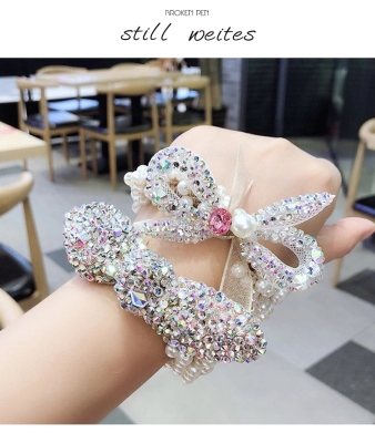 Korean-Style Long-Lasting Ins Shiny Rhinestone Mesh Pearl Bow Tie Elastic Pearl Flower Style Headband Rubber Band HT