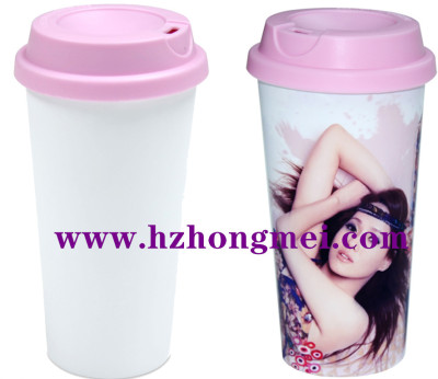 450ml Conical Double Layer Coffee Plastic Water Cup with Flip Cover