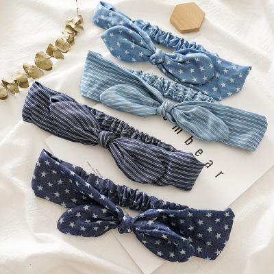 Autumn and Winter New Style Knot Rabbit Ears Hair Headband Three State Female Denim Stretch tie Hair Headband