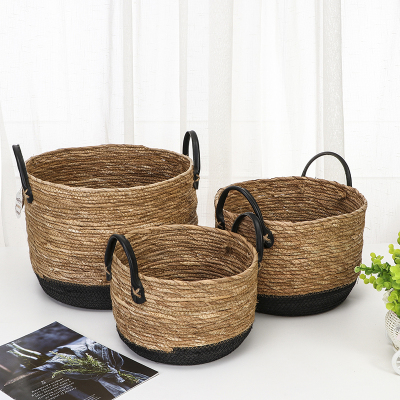 Hand-Woven Straw Storage Basket with Handle Laundry Basket Toy Snack Finishing Guesthouse Decoration Pastoral Flower Pot