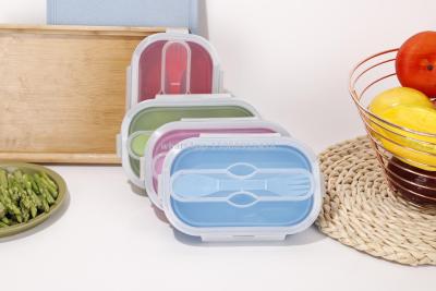 Multi-functional microwave silicone folding lunch box outdoor travel portable lunch box with fork and spoon lunchbox
