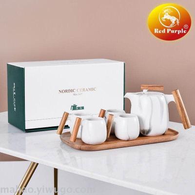 Nordic creative simple tea teapot wooden handle coffee ceramic tea set gift box flower teapot