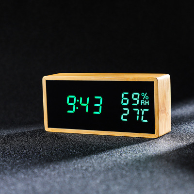 New temperature and humidity alarm clock creative electronic clock LED digital clock sound controlled alarm clock real wood clock 1502 true on bamboo