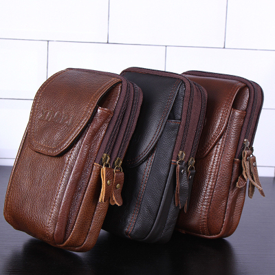 New Men's Fashion Business Mobile Phone Waist Bag Belt Vertical Model in Square Shape Multi-Functional Cowhide Pannier Bag Factory Wholesale