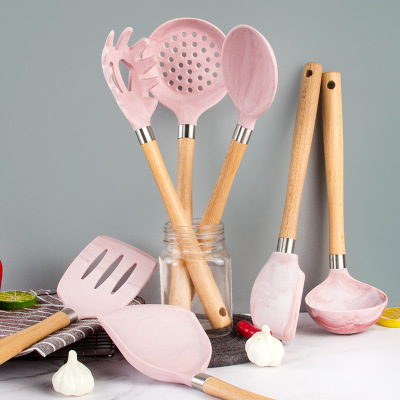 New creative marblebeech handle food grade silicone kitchen utensils and cooking spoon series