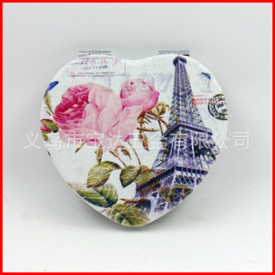 Popular HEART-shaped PU Leather Mirror Mirror Eiffel Tower French Gift Metal Folding leather Makeup Mirror