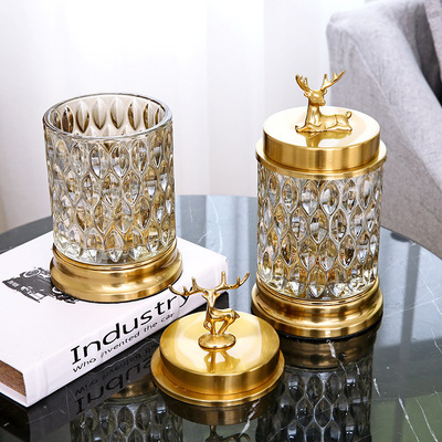 Affordable Luxury Decoration Living Room Coffee Table Glass Crystal Copper Deer Candy Jar with Lid Fruit Plate European Style Creative Decorations Decoration