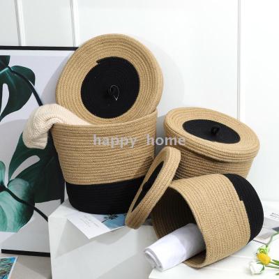 Cotton String Woven Storage with Lid Basket Clothes Sundries Storage Cotton String Basket Creative Style Storage Basket