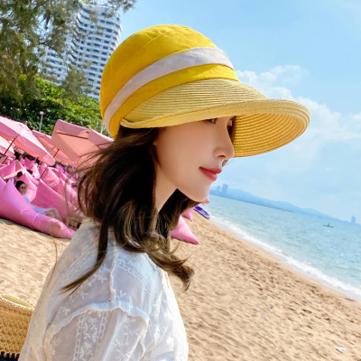 2020 Female Summer Korean version versatile fashion Sunshade hat folding along the Tidal grass Sunshade Hat Ladies Holiday Sunblock Cool Hat