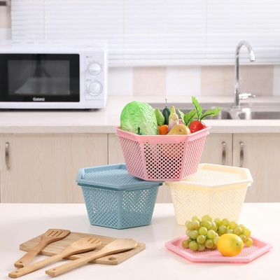 D03-752 Lightweight Storage Basket Hexagon Storage Basket Kitchen Vegetable Drain Basket with Lid Multi-Color Options