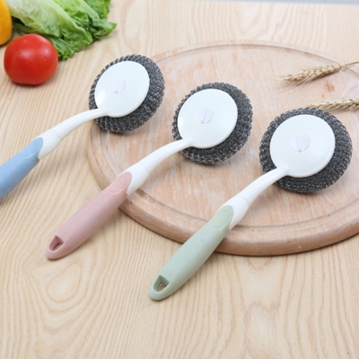 D05-868 New Wok Brush Creative Nordic Color Dish Brush Wok Brush Rubber-Wrapped Handle Steel Wire Ball Brush Kitchen Cleaning Brush