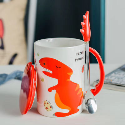 Cute Cartoon Dinosaur Ceramic Water Cup Creative 3D Animal Mug Large Capacity with Lid Spoon Breakfast Coffee Cup