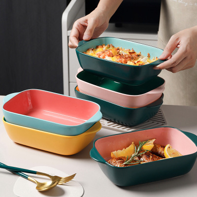 Nordic Tableware Color Maca Square Baking tray ten Oven bun Double ear Household baking bowl