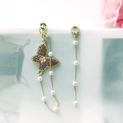 Sterling Silver Needle Korean Elegant Asymmetry Butterfly Pearl Tassel Eardrops All-Match Fashion Earrings High-Grade Earrings