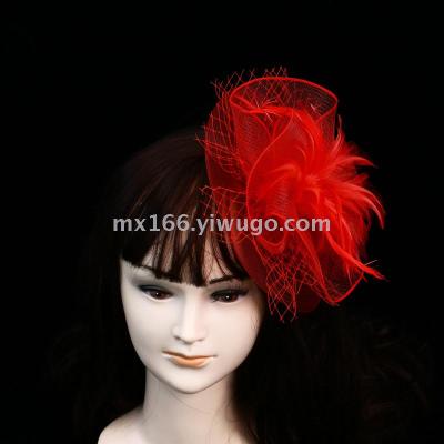 Factory Spot Direct Sales Red New Style Mesh Feather Decoration Elegant Socialite Hat British Style Noble Elegant