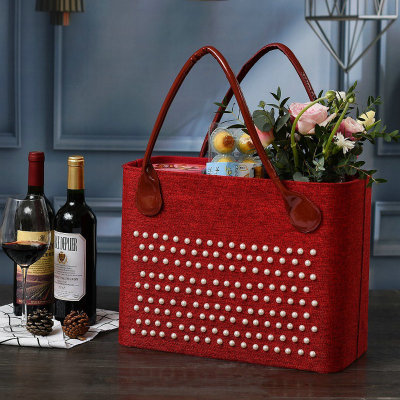 Holiday leather storage basket car bento basket business meeting wedding festive red wine fruit storage bag back to the gift box