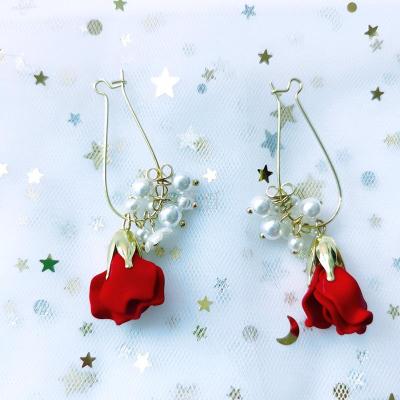 Fashion Rose Petals Earrings Female Pearl Tassel Ear Clip Eardrop Earring Long Elegant High Sense French Internet Celebrity