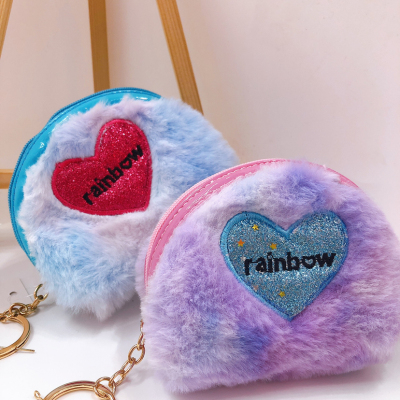 Colorful Plush Fluff Coin Purse Glittering Powder Love English Embroidery Color Sundries Earphone Data Cable Storage Bag