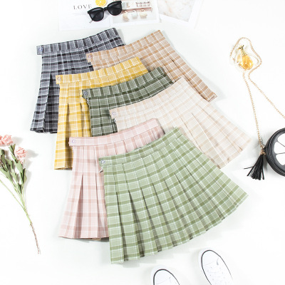 New skirt Summer Green high waist skirt Korean Version Fresh sweet PLaid skirt A line skirt pants