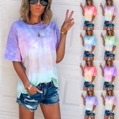 2020 Amazon Wish Summer New European and American cross-border tie-dye gradual print loose T-shirt women's loose shirt