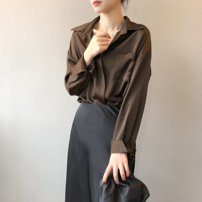 Double-lapel Shirt For Women 2020 Autumn New Korean Loose Languid style Pure color long-sleeve Shirt 0932