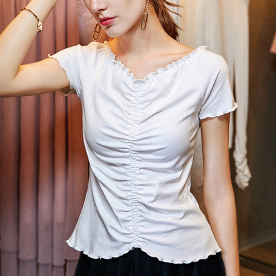 Shirt female minority pleated wooden ear edge V neck short sleeve Waist Exposed Collarbone female minority Design blouse