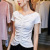 Shirt female minority pleated wooden ear edge V neck short sleeve Waist Exposed Collarbone female minority Design blouse