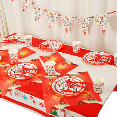 Christmas cups, paper plates, pennants, straw, banners, party supplies