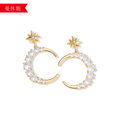 Star Moon 925 Silver Earrings Gold Plated High-End Earrings Zircon Hypoallergenic Earrings Korean Style Factory Direct Sales New