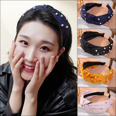 New Ins Korean fashion pearl wide-brimmed hair hoop solid color crossover tie headband accessories wholesale manufacturers direct