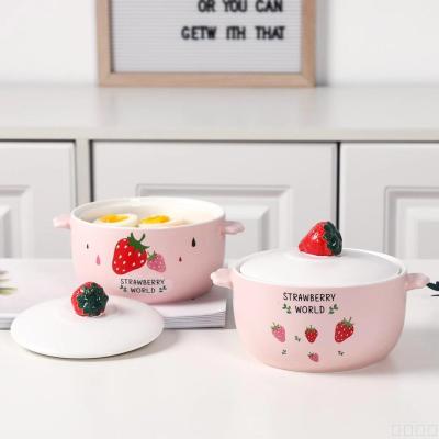 Small strawberry ceramic bubble bowl glazed salad bowl with lid..