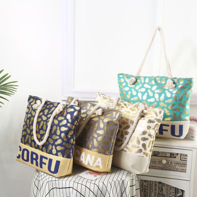 European American Fashion Floral Print Letters Cotton String Bags, Gilded Gold Silk Imitation Linen Stitching Beach Bag, Canvas Bag