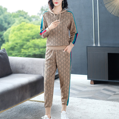 Temperament women autumn suit fashion ladies slimming body slimming 2020 new head hooded knitting two-piece set wholesale