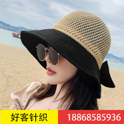 New lady's hat summer day bow mesh fisherman hat hollow knit patchwork sunshade basin hat with wide brim