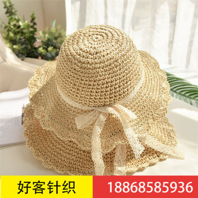 Ladies summer straw hat lady wind bow lace hat seaside holiday beach hat outdoor outing sun hat