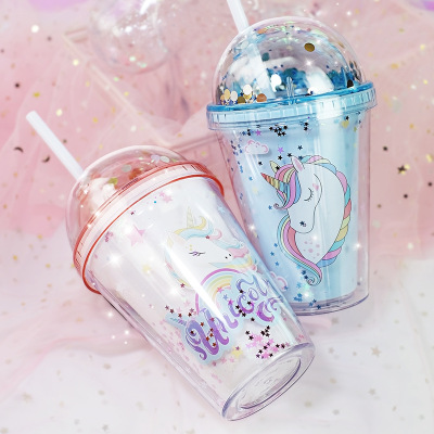a Unicorn Cup with Straw Children's Creative Push Small Gift Water Cup Customized Plastic Cup for Children