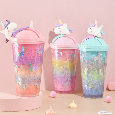 water botterA Beautiful summer crushed ice cup girl Unicorn Ice cup double refrigeration lovely fresh plastic strawstock