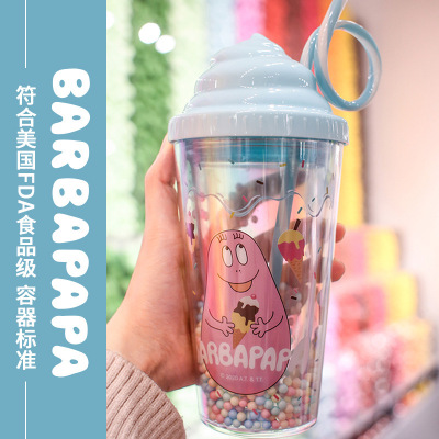 Abarbapapa Internet Celebrity Plastic Water Cup Double-Layer Straw Cup Portable Cup Female Gift Customized Cute Children's Cup