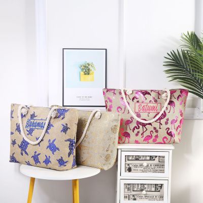 New Style Imitation Hemp Flamingo Bronzing Beach Bag Letter Embroidery Cotton String Bag Custom Fashion Handbag