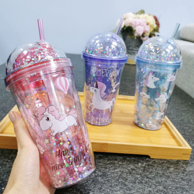 Manufacturers direct street stalls supply cartoon cups Rainbow pony advertisement double cups plastic sippy cups water cups